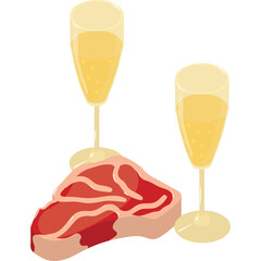 Raw Beef Steak with Two Glasses of Champagne on a White Background