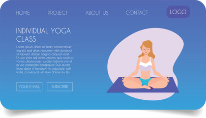 Website landing page with a female character in a pose, blue, online classes.