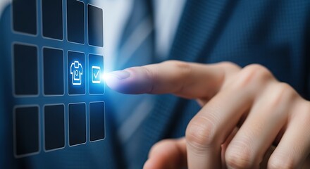 Close-up of finger pressing a checkmark icon on a digital grid interface image photo