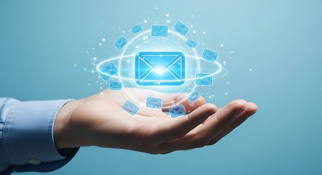 Hand displaying email communication concept with orbiting envelopes and glowing center