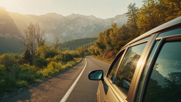 Traveling metallic vehicle door showing side mirror and window on winding mountain road, copy space