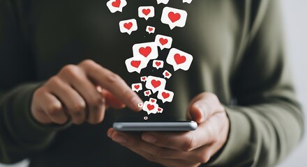 Person using a smartphone with a cascade of red heart icons and speech bubbles mobile phone