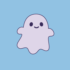 Obraz premium A cute and friendly cartoon ghost character with a happy smile. Simple kawaii spirit illustration isolated on a light blue background for Halloween
