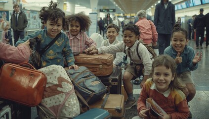 Six children smiling, gesturing around vintage suitcases in airport hall, with departure boards