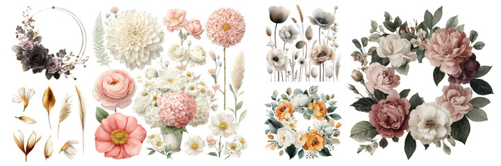 Delicate watercolor floral arrangements featuring roses, dahlias, and foliage for elegant design projects, displayed on transparent background.