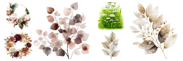 Collection of watercolor floral elements including wreaths, flower arrangements, leaves and grass, isolated on transparent background