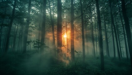 Obraz premium Filtering sunbeams piercing central tree trunks in woodland at dawn, with mist, shrubs and ferns