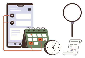 Mobile checklist with calendar, magnifying glass, clock, and signed document. Ideal for planning, organization, productivity, scheduling deadlines research task prioritization. Simple flat