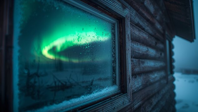 Frost-speckled window frame reflecting northern lights over snowy log cabin siding, copy space - Powered by Adobe