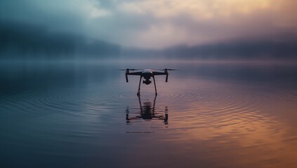 Hovering quadcopter drone with gimbal skimming misty lake water at dawn, pastel reflection