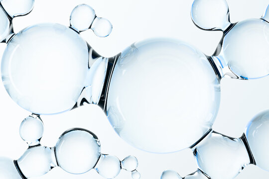 Transparent 3D molecules, liquid water drops, bubbles. Cosmetic products for skin care, hyaluronic. Abstract pattern. Healthcare and medicine designs concept, beauty background.