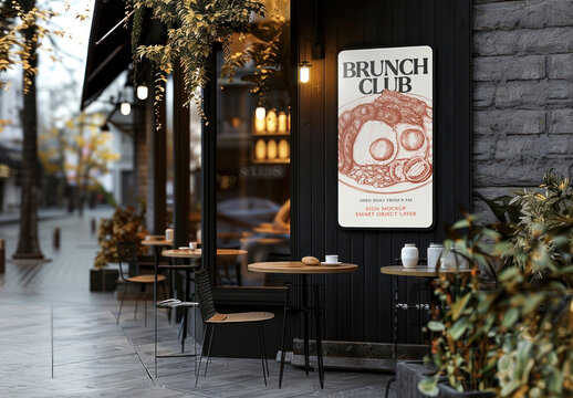 Cozy Outdoor Brunch Cafe With Sign Mockup PSD