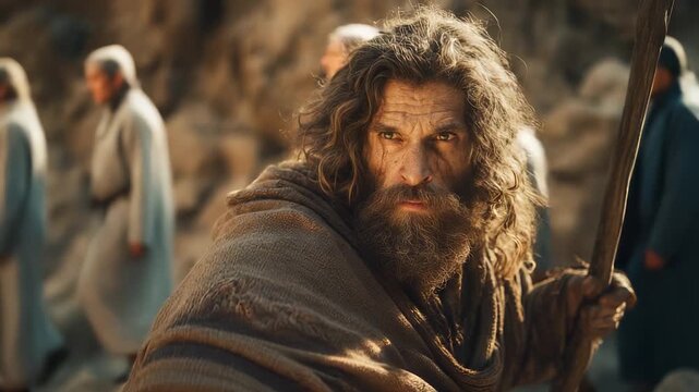Prophet Moses raises staff with power. God grants miracle as Moses shows faith. Robe flows in desert wind. Staff glows in light. Faith in God and prophet staff brings divine power, light, and command