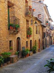 Urban landscape of a street in the historic town of Ainsa in Aragon. Stone building façades.