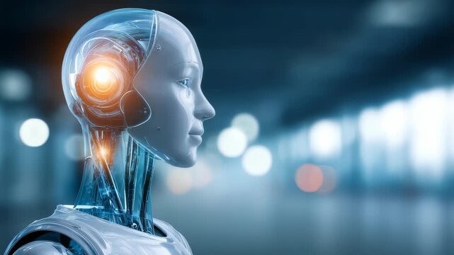 A close up of a sleek, human like robot with glowing elements highlights the evolution of robotics and AI. The background suggests a high tech, futuristic setting focused on progress and automation