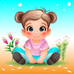 A small child is sitting in the grass with flowers against the sky.