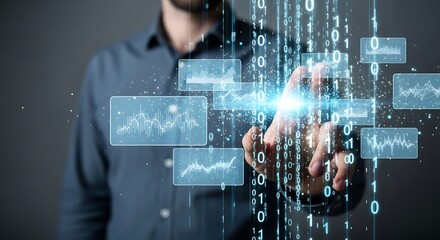 Man's Hand Interacting with Futuristic Digital Data Analysis Interface technology