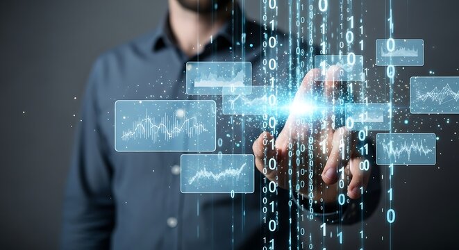 Man's Hand Interacting with Futuristic Digital Data Analysis Interface technology