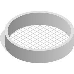 Isometric 3d grey sieve with white grid pattern on transparent background casting a subtle shadow.