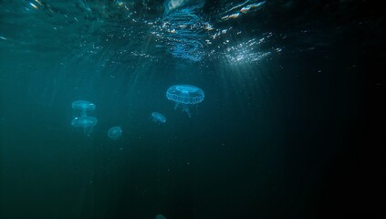 Floating four translucent jellyfish in open sea, with shafts of sunlight and suspended particles