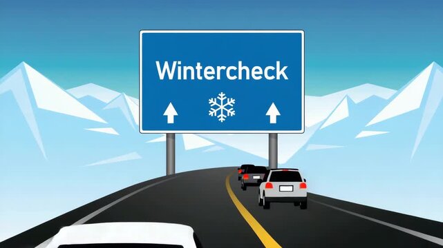 asphalted road in winter landscape with winter check traffic sign illustrated animation