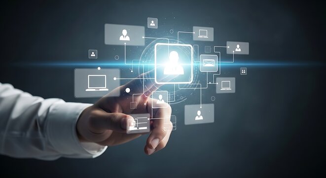 Person's hand interacting with a digital network of user profiles and communication icons