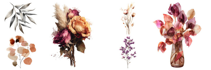 Elegant assortment featuring silver branch, rose bouquet, delicate dried floral twigs, and stylized blooms in vase on transparent background
