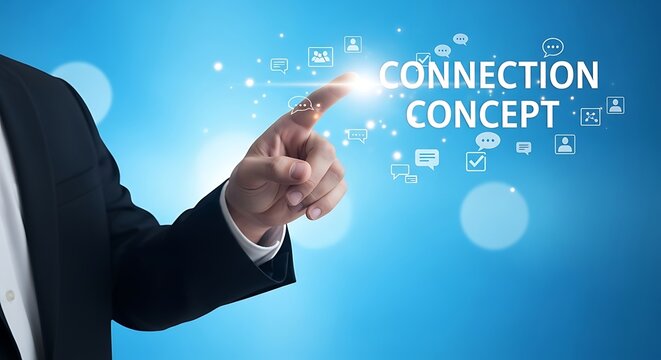 Businessman's Finger Touching Glowing Connection Concept Text on Blue Background