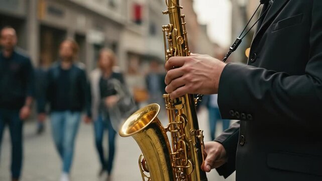 A close-up of a musician playing a golden saxophone on a city street. A street performer busking for a crowd in an urban setting. Live jazz music concept