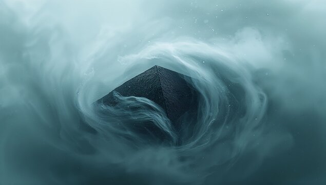 Hovering dark stone pyramid rotating in surreal space, with swirling teal green mist vortex - Powered by Adobe