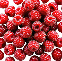 Pile of ripe, red raspberries with tiny textures visible