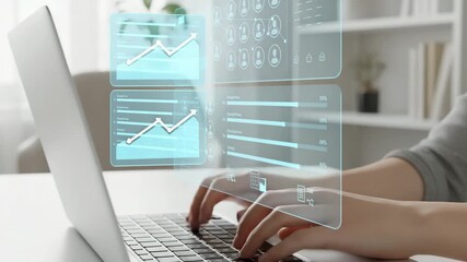 Modern Remote Work Scene with Holographic Data Interface, Professional Typing on Laptop with Transparent HUD Charts and Analytics in Bright Minimal Home Office - Powered by Adobe