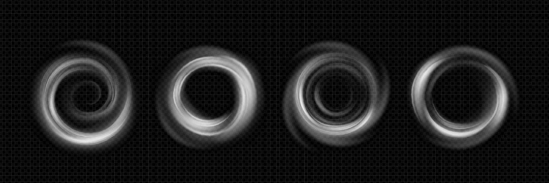 Wind swirl circles set isolated on transparent background. Vector realistic illustration of fresh air rotating effect, laundry vortex, spiral tornado motion effect, storm spin movement, magic portal