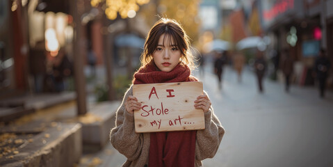 Angry Asian Woman Protesting AI Art Theft with "AI Stole my art" Sign on Autumn Street, Dramatic Hard Light