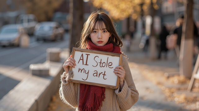 Angry Asian Woman Protesting AI Art Theft with "AI Stole my art" Sign on Autumn Street, Dramatic Hard Light