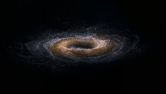 Swirling particle vortex forming disk-like spiral in deep space, with golden and blue filaments