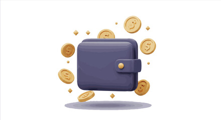 Secure digital wallet with golden coins floating, a modern 3D illustration symbolizing online payments, financial transactions, smart savings, and economic management