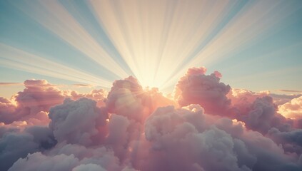 Casting central cumulus clouds glowing golden hues above high-altitude sky, with radiating sun rays
