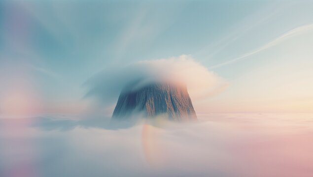 Rising volcanic mesa piercing cloud layer at high altitude, with lenticular cap and rainbow - Powered by Adobe