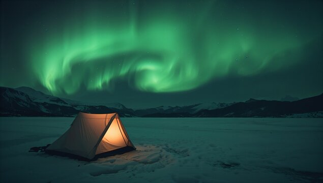 Glowing canvas tent lighting northern snowfield at night, with aurora borealis overhead, copy space - Powered by Adobe