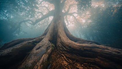 Standing ancient tree displaying wide buttress roots in misty woodland, with moss and fallen leaves