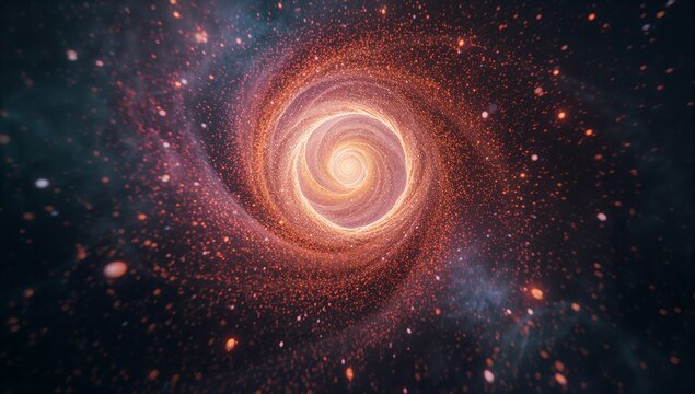 Swirling glowing spiral vortex rotating in deep space, with dust, nebular gas clouds and stars