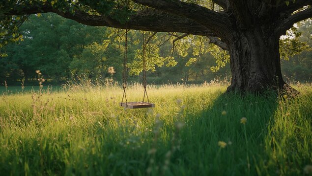 Swaying wooden rope swing seat hanging from tree branch in sunlit meadow, with yellow wildflowers - Powered by Adobe