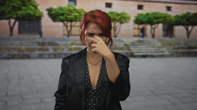 Woman pinches nose with hand on urban street steps wearing polka dot dress and black blazer; disgust discomfort.