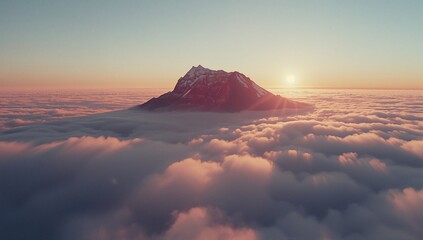 Bathing solitary snow-capped mountain peak in warm sunrise light above undulating cloud layer, sun