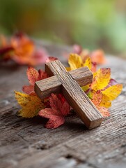 Blurred Nature Christian Background with Wooden Cross
