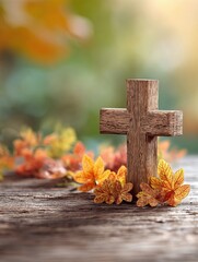 Blurred Nature Christian Background with Wooden Cross