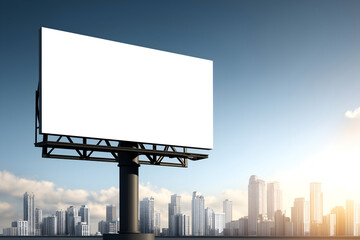 Fototapeta premium Blank White Billboard Against Blue Sky with Modern Cityscape. Mock up promotion information for marketing announcements and details, blank white space.