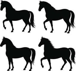 Black silhouette horse set clipart on white background