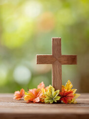 Blurred Nature Christian Background with Wooden Cross